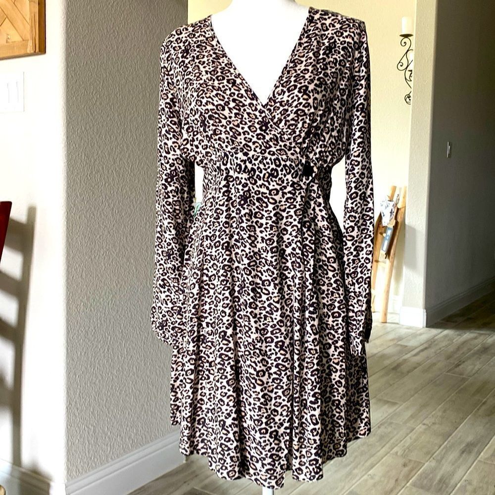 ASOS Leopard True Wrap Long Sleeve Mini Dress 4 V Neck Viscose Reptile